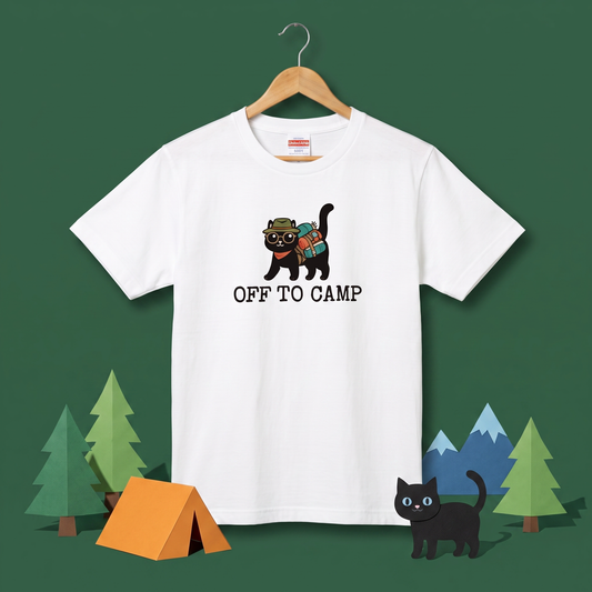 リュック猫「OFF TO CAMP」Tシャツ | かわいい 猫好き キャンプ ウェア
