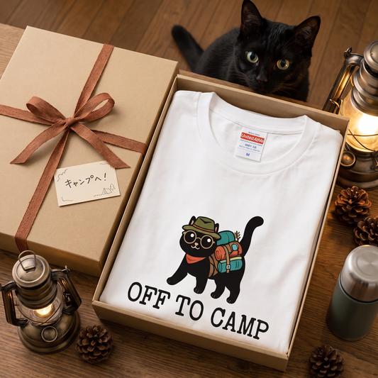 リュック猫「OFF TO CAMP」Tシャツ | かわいい 猫好き キャンプ ウェア