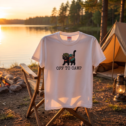 リュック猫「OFF TO CAMP」Tシャツ | かわいい 猫好き キャンプ ウェア