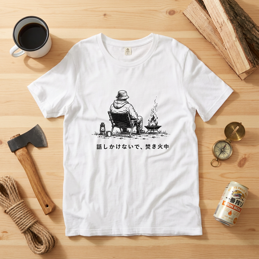 話しかけないで焚き火中 ソロキャンプTシャツ｜CAMPMODE