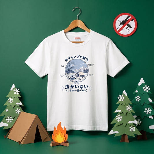 冬キャンプは虫がいない おもしろTシャツ｜CAMPMODE