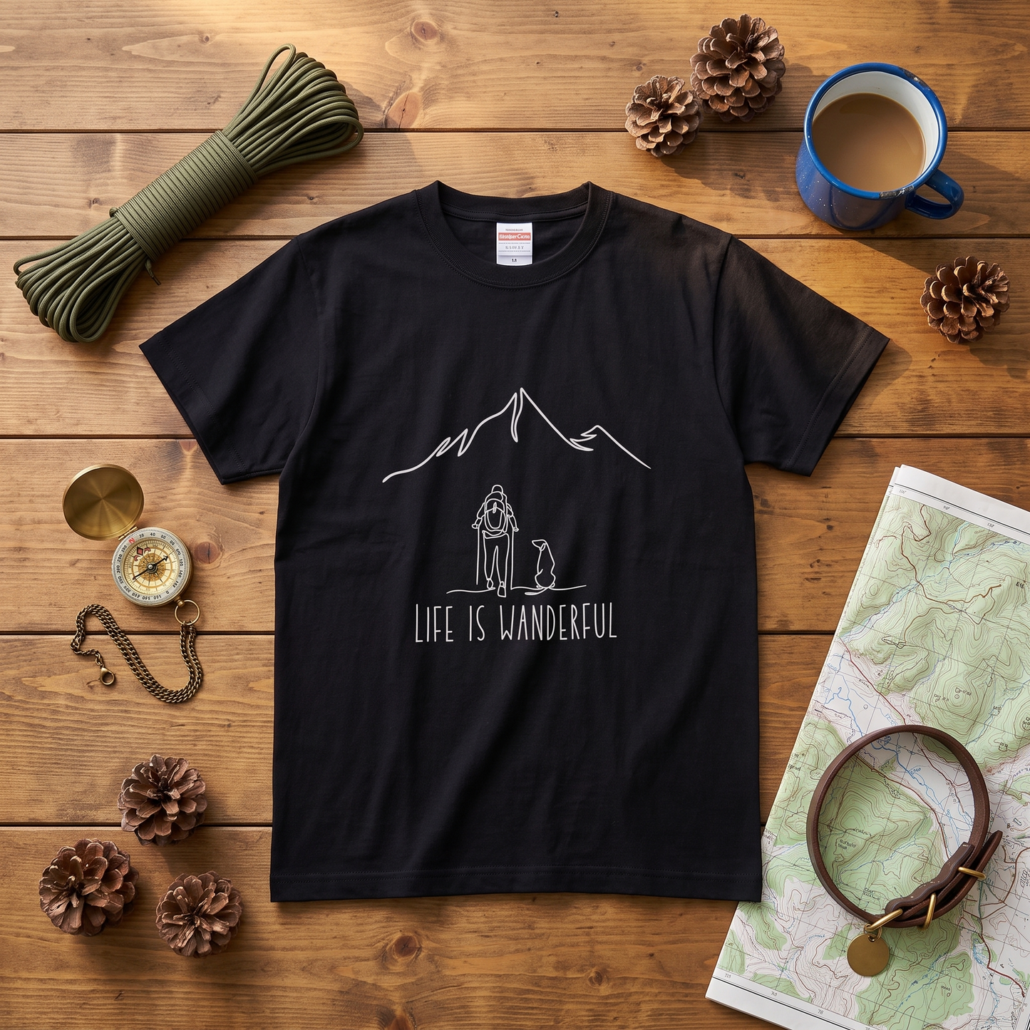 「LIFE IS WANDERFUL」愛犬と登山 Tシャツ - 犬とハイキング 線画イラスト | キャンプ 服