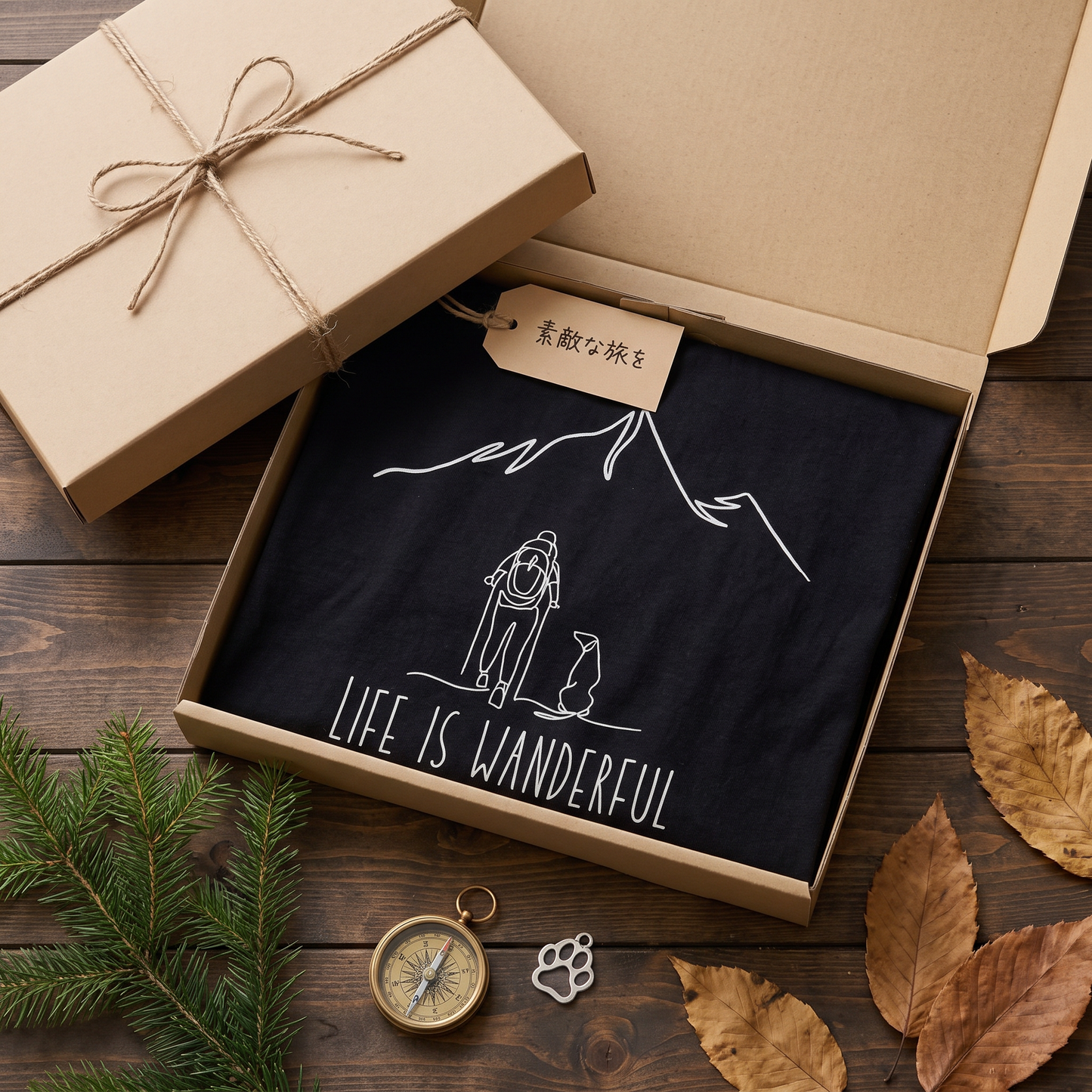「LIFE IS WANDERFUL」愛犬と登山 Tシャツ - 犬とハイキング 線画イラスト | キャンプ 服