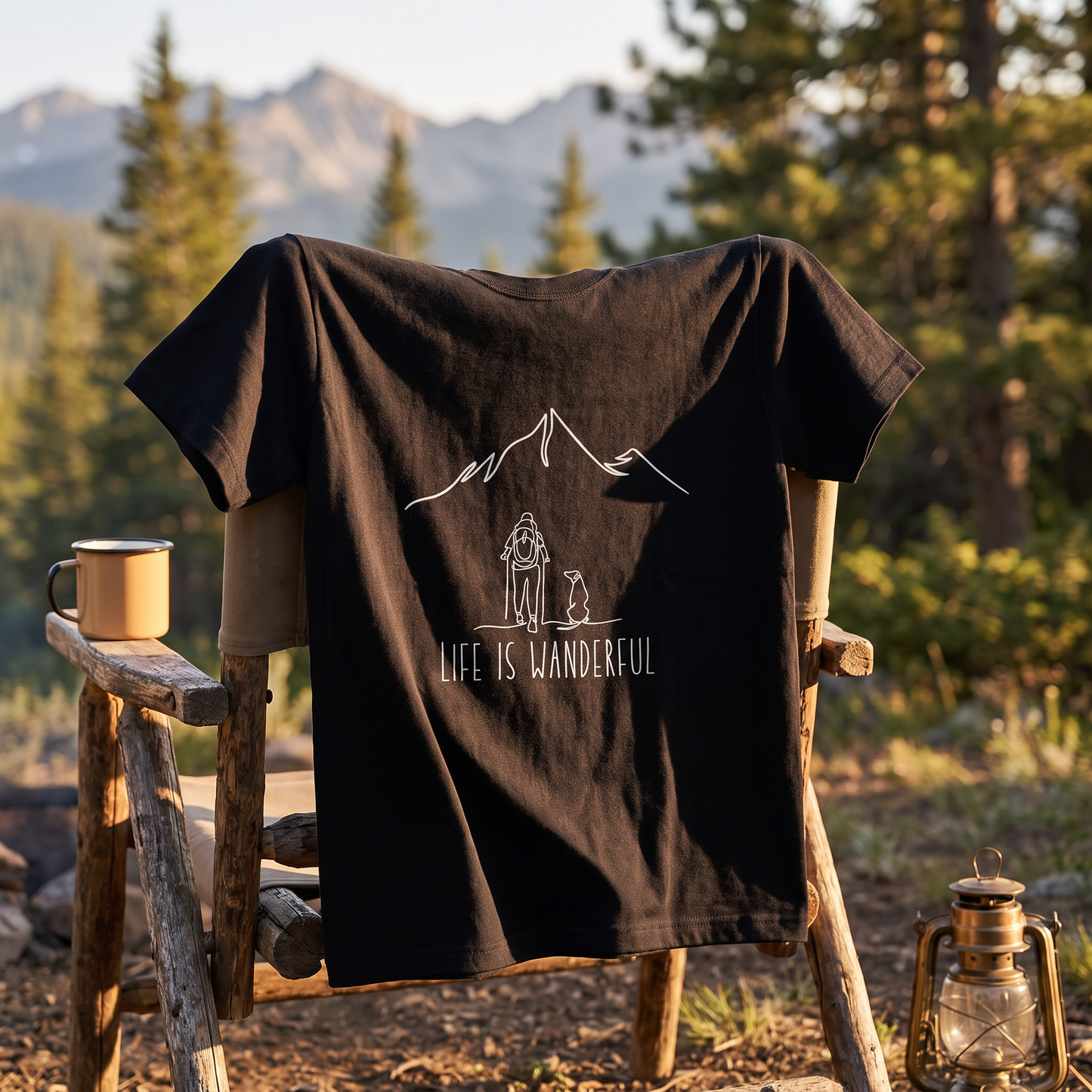 「LIFE IS WANDERFUL」愛犬と登山 Tシャツ - 犬とハイキング 線画イラスト | キャンプ 服