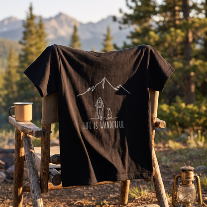 「LIFE IS WANDERFUL」愛犬と登山 Tシャツ - 犬とハイキング 線画イラスト | キャンプ 服