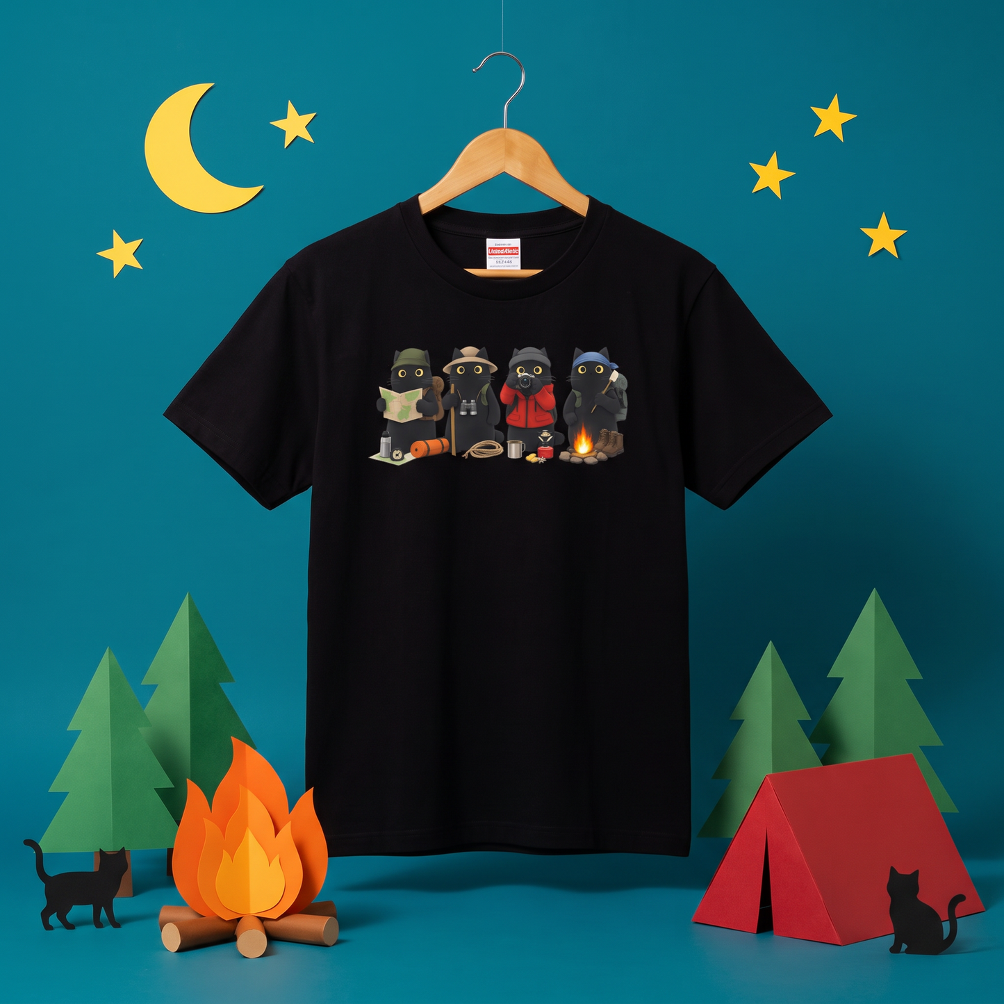 黒猫 キャンプ Tシャツ - 焚き火 猫 イラスト | かわいい 猫 ウェア