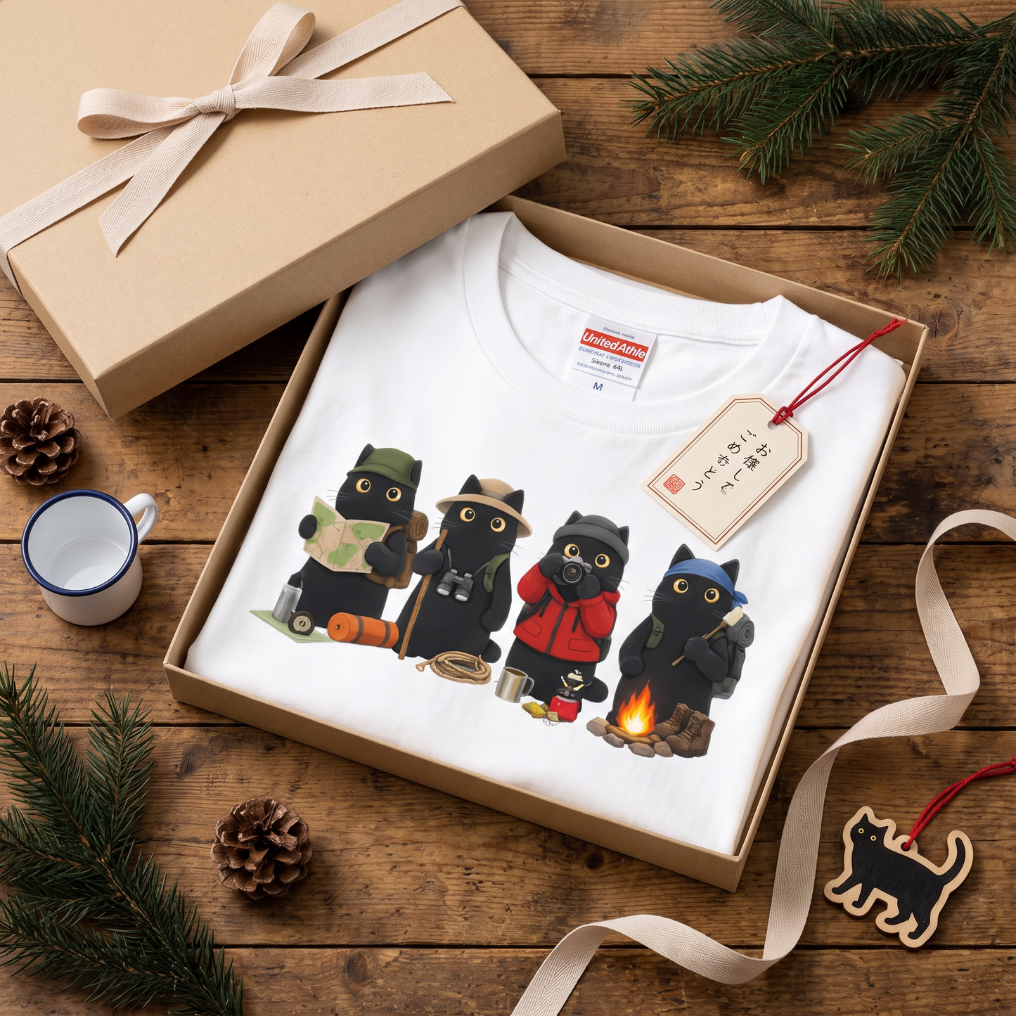 黒猫 キャンプ Tシャツ - 焚き火 猫 イラスト | かわいい 猫 ウェア