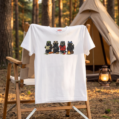 黒猫 キャンプ Tシャツ - 焚き火 猫 イラスト | かわいい 猫 ウェア