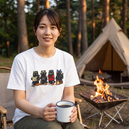 黒猫 キャンプ Tシャツ - 焚き火 猫 イラスト | かわいい 猫 ウェア