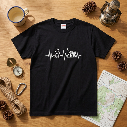 キャンプ 心拍数 Tシャツ - 焚き火 テント 脈拍 | ソロキャンプ 服