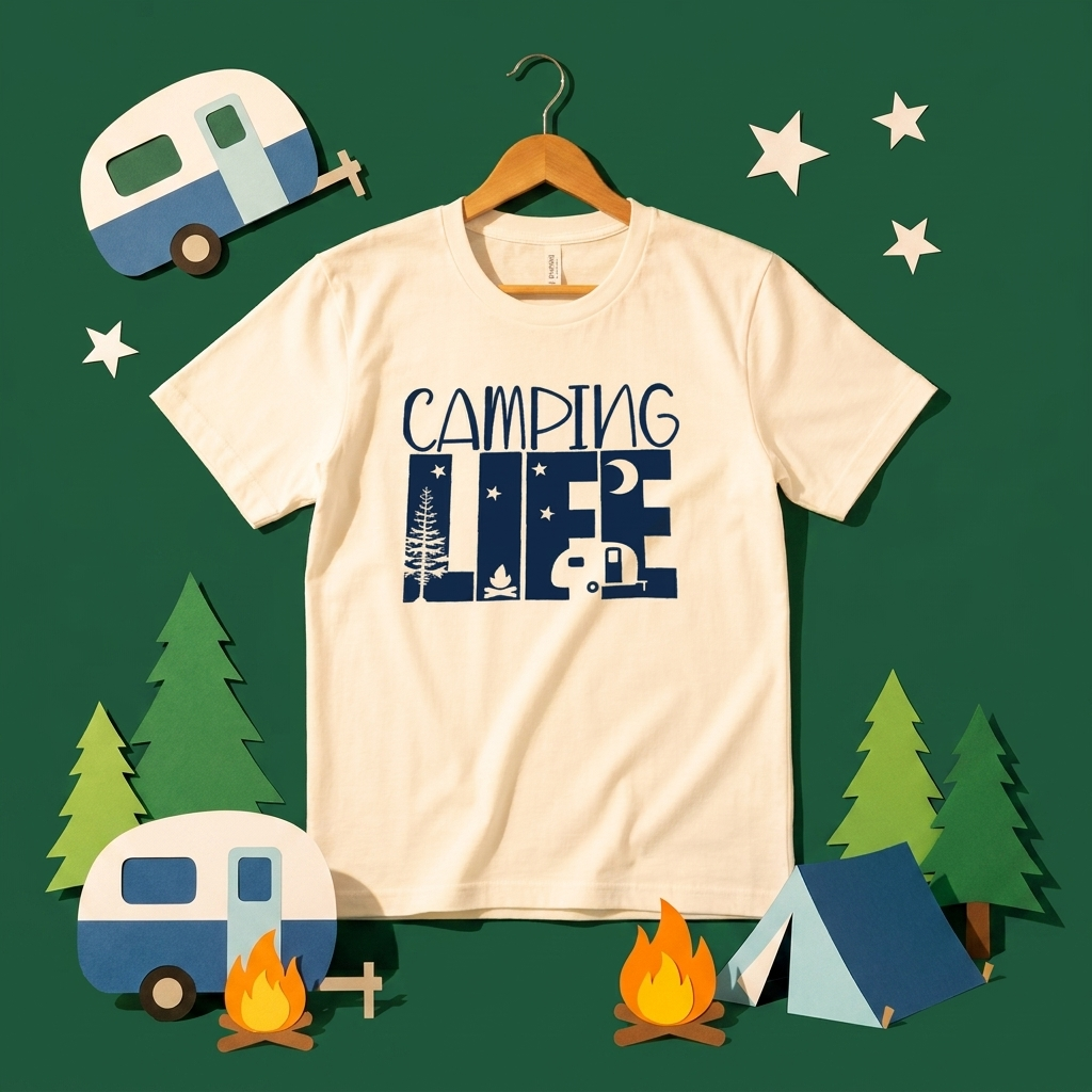 「CAMPING LIFE」キャンピングカー Tシャツ - 焚き火 トレーラーハウス イラスト | キャンプ 服