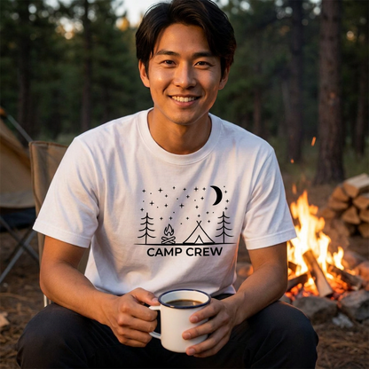 星空と焚き火のキャンプ Tシャツ | キャンプ仲間 お揃い 服 | CAMPMODE