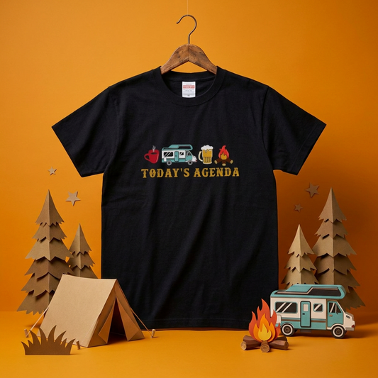 「TODAY'S AGENDA」キャンピングカー 焚き火 Tシャツ - キャンプ 服 | CAMPMODE