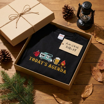 「TODAY'S AGENDA」キャンピングカー 焚き火 Tシャツ - キャンプ 服 | CAMPMODE