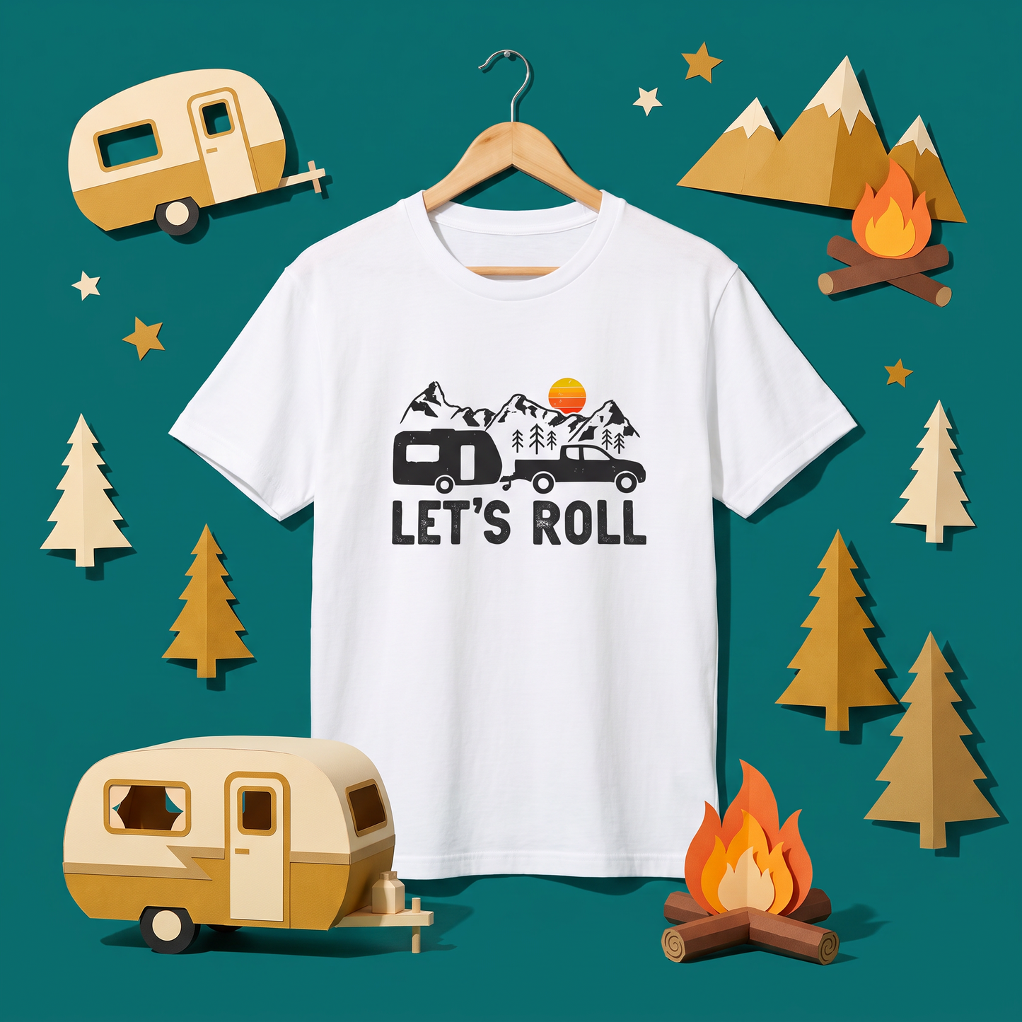 「LET'S ROLL」キャンピングトレーラー Tシャツ - 車中泊 ドライブ 服 | CAMPMODE