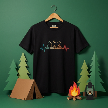 「Camping Heartbeat」レトロ グラデーション Tシャツ - アウトドア ウェア | CAMPMODE