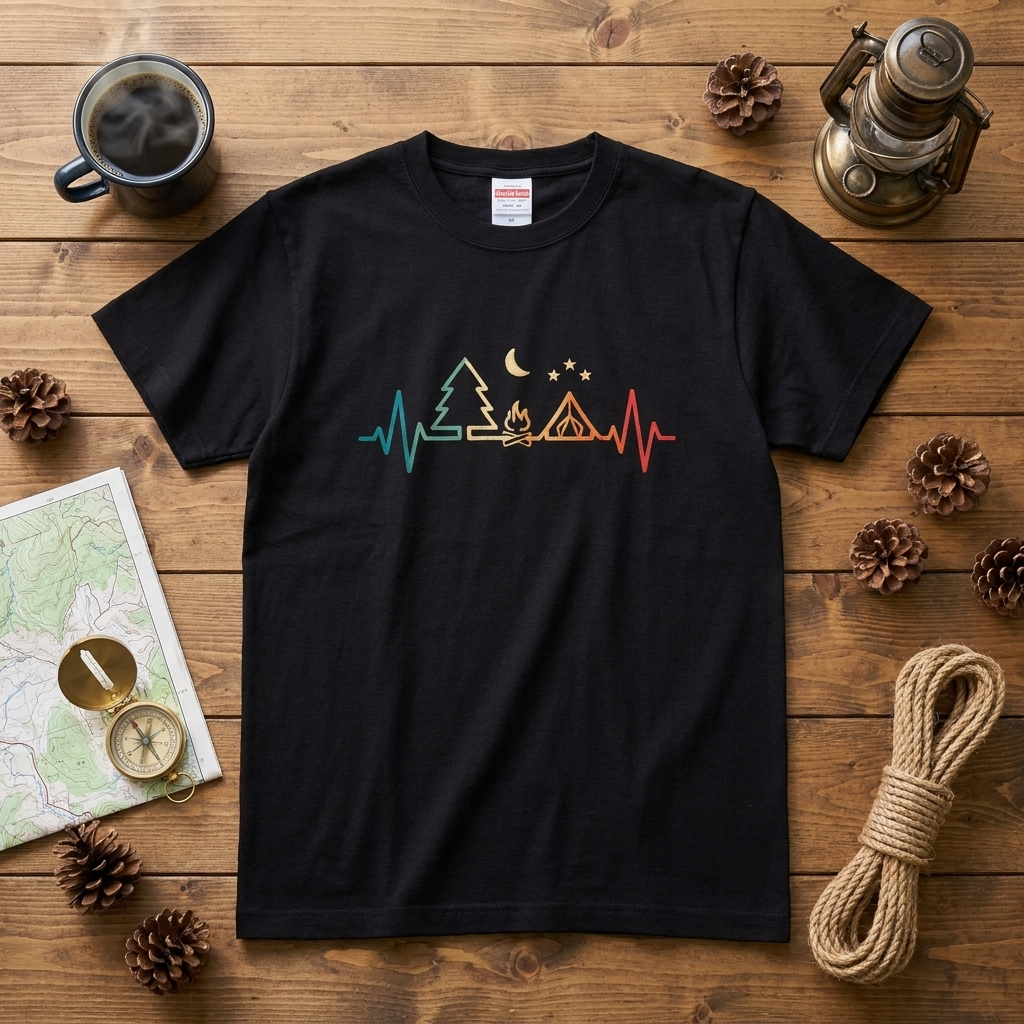 「Camping Heartbeat」レトロ グラデーション Tシャツ - アウトドア ウェア | CAMPMODE