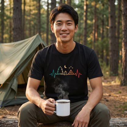 「Camping Heartbeat」レトロ グラデーション Tシャツ - アウトドア ウェア | CAMPMODE