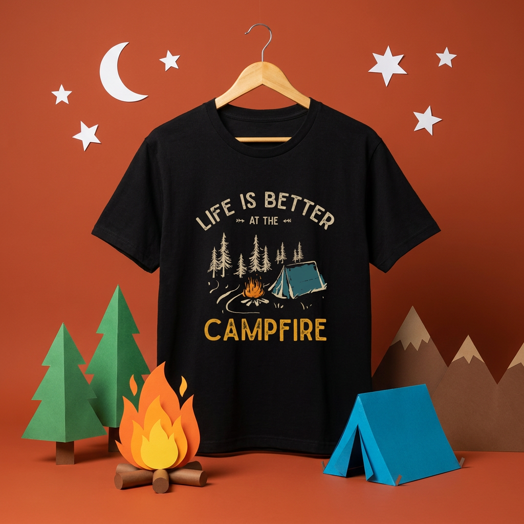 「LIFE IS BETTER AT THE CAMPFIRE」焚き火 テント Tシャツ - キャンプ 服 | CAMPMODE