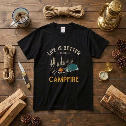 「LIFE IS BETTER AT THE CAMPFIRE」焚き火 テント Tシャツ - キャンプ 服 | CAMPMODE