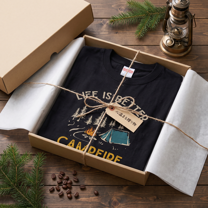 「LIFE IS BETTER AT THE CAMPFIRE」焚き火 テント Tシャツ - キャンプ 服 | CAMPMODE