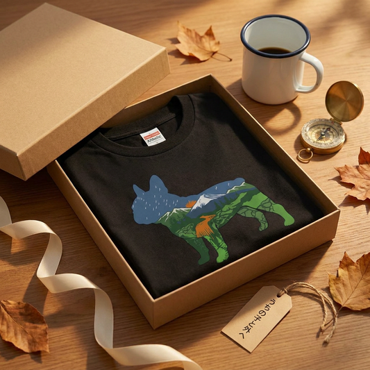 【French Bulldog】自然風景ダブルエスポージャー黒Tシャツ | CAMPMODE