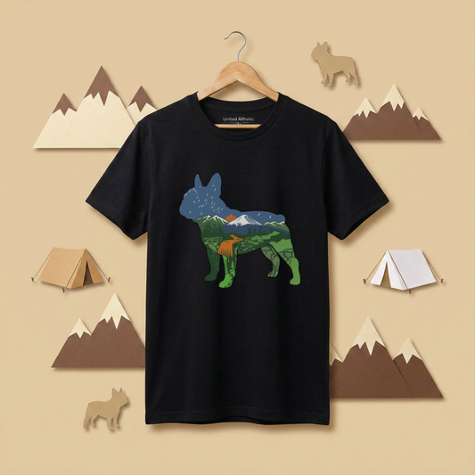 【French Bulldog】自然風景ダブルエスポージャー黒Tシャツ | CAMPMODE