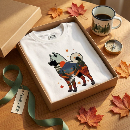 【Akita】日本犬好き&アウトドア愛好者必見!秋田犬風景白Tシャツ