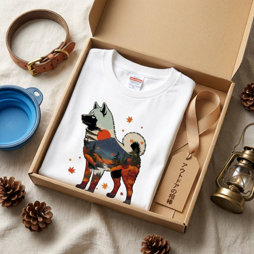 【Akita】日本犬好き＆アウトドア愛好者必見！秋田犬風景白Tシャツ