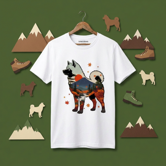 【Akita】日本犬好き＆アウトドア愛好者必見！秋田犬風景白Tシャツ
