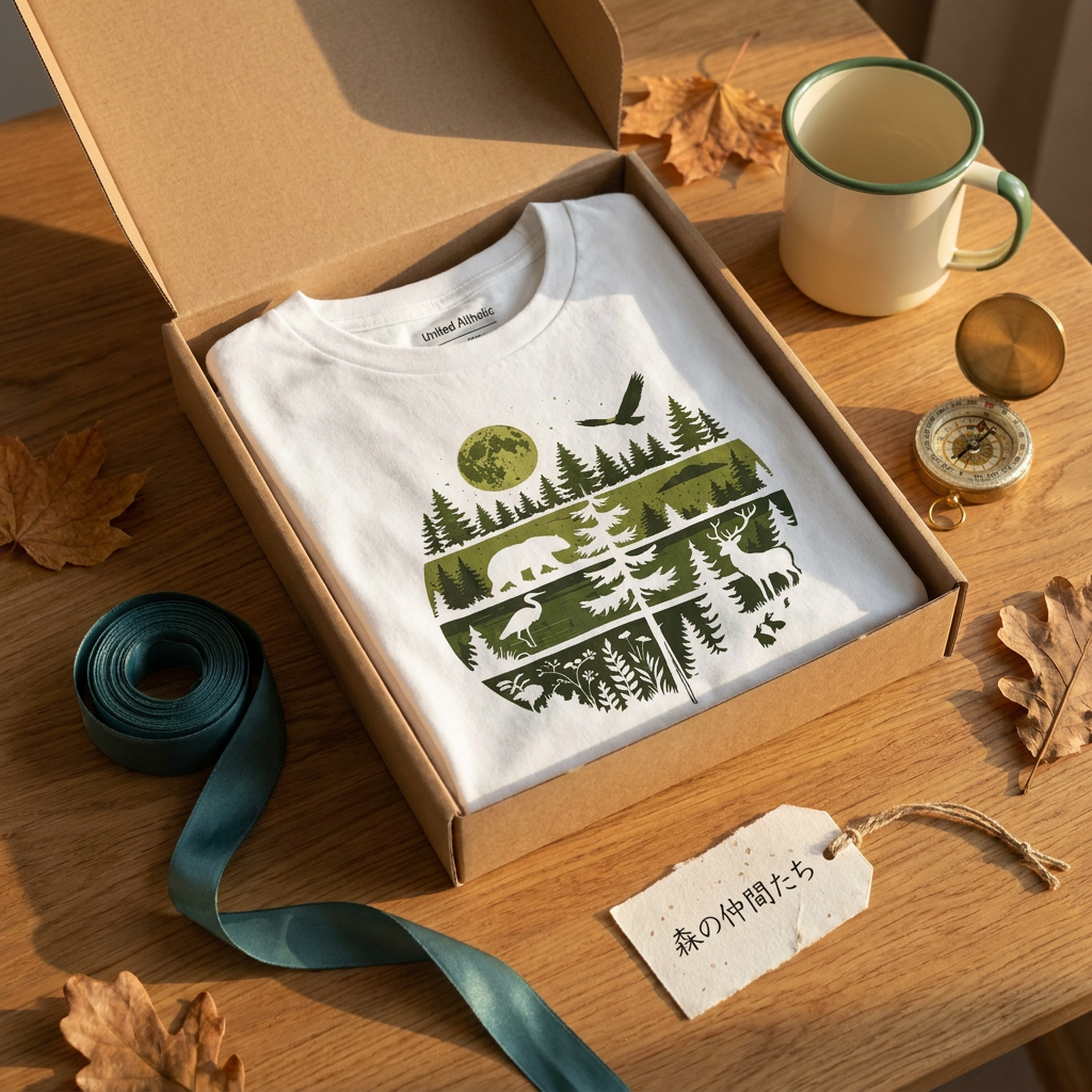 【Wildlife Forest Animals】月夜の森と野生動物 アート層グラフィック 白Tシャツ | CAMPMODE