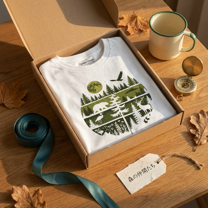【Wildlife Forest Animals】月夜の森と野生動物 アート層グラフィック 白Tシャツ | CAMPMODE
