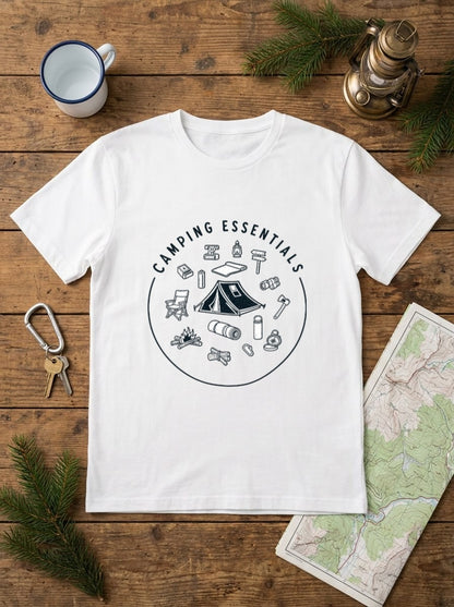 「キャンプ必需品：焚き火とテント — キャンプ愛好家のTシャツ」