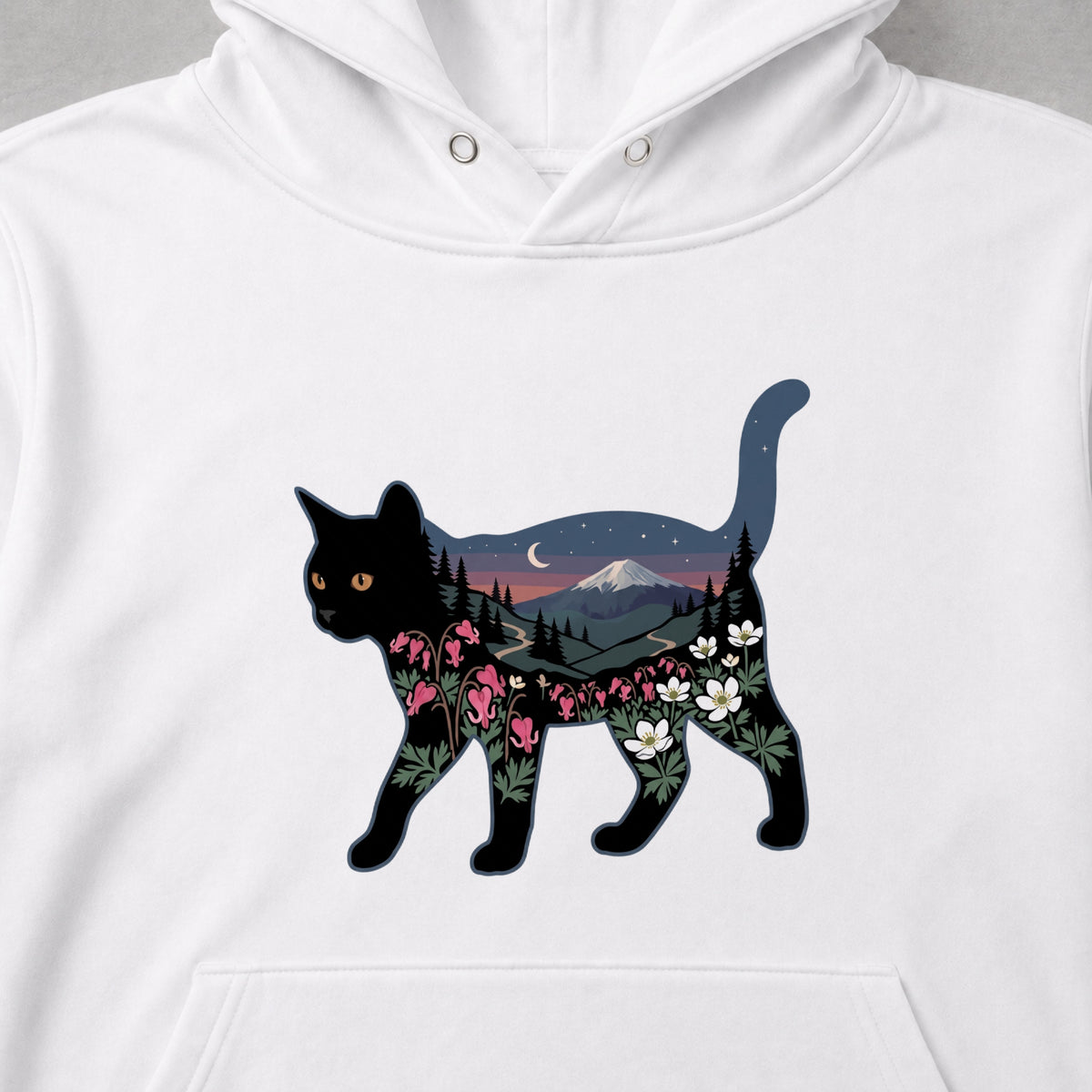 富士山と花咲く夜空 黒猫パーカー